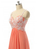 Coral Chiffon Lace Straps Long Bridesmaid Dress